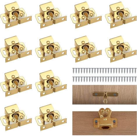 Double Roller Wardrobe Cabinet Door Latches, 12pcs Double Roller Cupboard Lock Double Roller Cabinet Catch with 48pcs Screws-Golden,Gold (1/5)