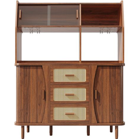 Buffet-Schrank mit Glasschiebetüren und Rattan-Optik, 140 cm, Walnuss (1/5)