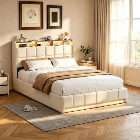 Lit Coffre Hydraulique 160x200 avec LED, Lit Double avec USB et Type-C, TĂȘte de Lit RembourrĂ©e avec ĂtagĂšre de Rangement, Lin Beige (1/5)