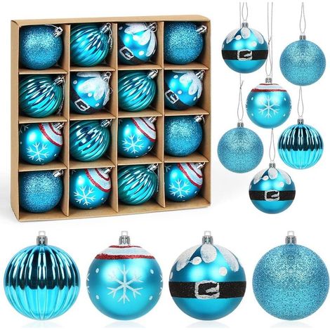 Boules de Noël Bleu, 16pcs Boule d'arbre de Noël 6cm, Ornement de Sapin de Noël, Peint Boule Noel Plastique Bleu avec Lanière pour Decoration Sapin Noel Intérieure ou Extérieure (1/5)