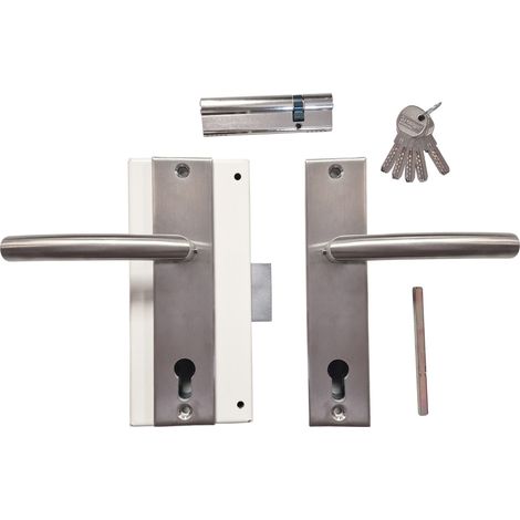 Kit  per porte FICHET REPLACEMENT: Serratura MOTTURA + cilindro 30 x 80 mm + coppia di maniglie "Sans Souci" in acciaio inox  Destra