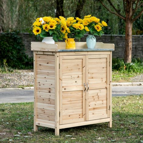 Gartenschrank mit 2 Fächern, Metall-Arbeitsplatte mit Aufkantung, Naturholz, 83 x 40 x 92 cm