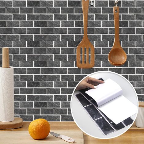 12 Pièces 15x30cm Brique Motif Stickers Carrelage Auto-AdhéSif Vinyle ÉTanche Stickers Muraux Pour Cuisine Salle De Bains Carrelage Mur CheminéE Placard DéCoration Autocollants,noir (1/5)