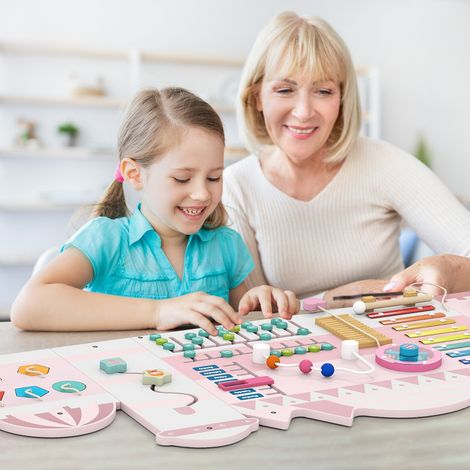 Panneaux Muraux d'Activités pour Enfants Tableau Sensoriel Montessori en Bois 11 en 1 pour Éducation et Développement Précoce Rose (1/5)