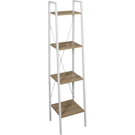 Altobuy – Étagère colonne 4 niveaux H148 cm – Bois et métal blanc – Structure acier – Tablettes finition imitation bois – Style industriel épuré (1/5)