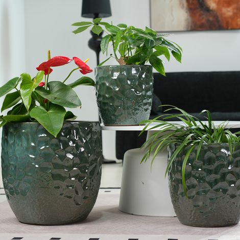 Pot de fleur en céramique Ø22,5 cm vert foncé brillant, avec drainage, style moderne FloraGrace (1/5)