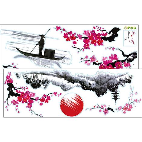 Sticker Mural de Paysage Style Chinois, Lot de 2 Sets de Sets de Ensembles Pvc, Adhérence Forte et Retrait Facile, pour Chambre et Bureau, Ambiance Naturelle et Confortable (1/5)