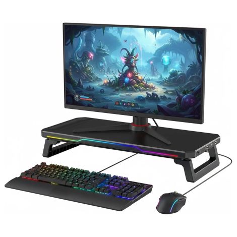 Supporto per monitor con striscia LED RGB e ingressi HUB USB (3x USB-A, 1x USB-C) - da scrivania per ufficio domestico, gaming e per migliorare l'ergonomia - Alogy MonitorStand™ Nero (1/4)