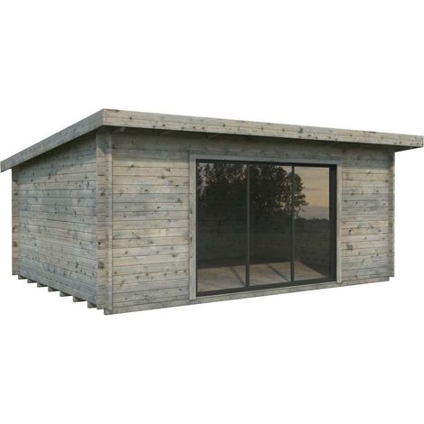 Abri de jardin bois 19,4 m² en épicéa nordique – Porte 3 vantaux aluminium gris RAL 7016 – Traitement autoclave – Dimensions 530 × 380 cm – Palmako