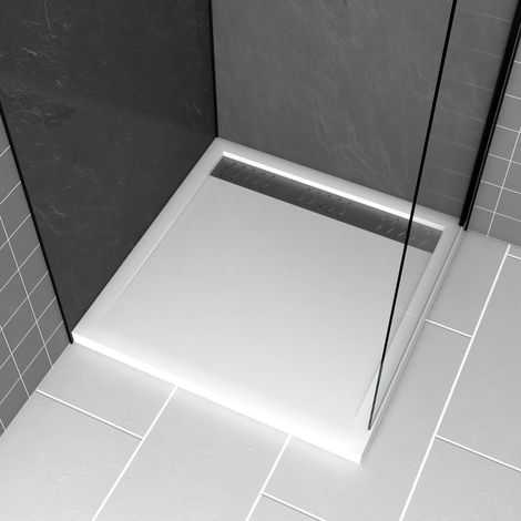 Plato de ducha de Acrílico Blanco 80x80x4 cm + Rejillas Lineales Cromada y Gun Metal - WHITENESS II (1/4)