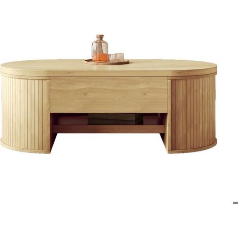 Table basse salon, structure bois côté courbes, plateau relevable, rangement intégré, tablette inférieure extensible (1/5)