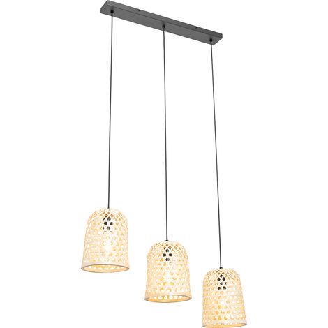 QAZQA Lampada a sospensione tavolo soggiorno rayan - Orientale - Bamboo,Acciaio - Legno/Nero - Oblungo Max. 3 x Watt