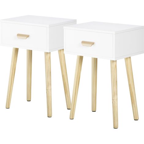 Tables de chevet modernes lot de 2, avec tiroir et pieds en bois massif, blanc 40,5 x 30,5 x 60 cm