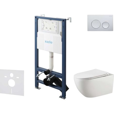 kielle Genesis New - Set bâti-support, WC Gaia, sans rebord, abattant softclose et bouton-poussoir Gemini New I, chrome brillant 30528SS11