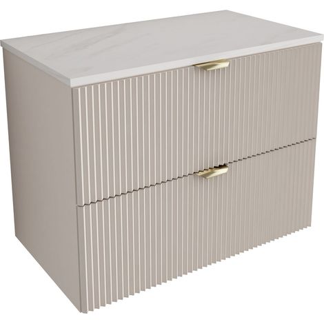 Meuble de salle de bains à façade rainurée , 80 cm , 2 tiroirs couleur cachemire , plateau en marbre blanc (MDF) et poignée dorée , 80 × 47 × 60 cm (1/5)