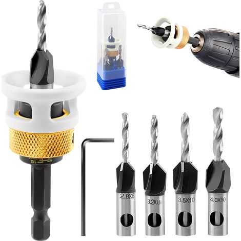4-piece countersink drill bit set with low-friction depth stop, 1/4" hex shank