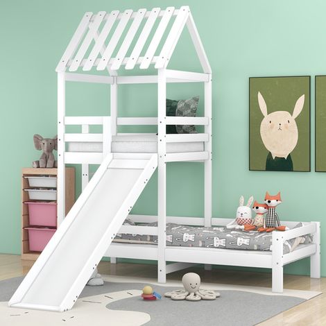 Lit cabane enfant 90 x 200cm, avec toboggan, sommier à lattes en pin, protection antichute, lit tour de jeux pour enfants, 2 niveaux, Blanc - KINSI (1/5)