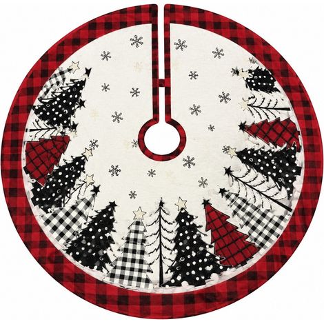 Jupe de sapin de Noël à carreaux et flocons de neige, en polyester peluche court, 120 cm, décoration de Noël pour la maison 90CM-1 (1/5)