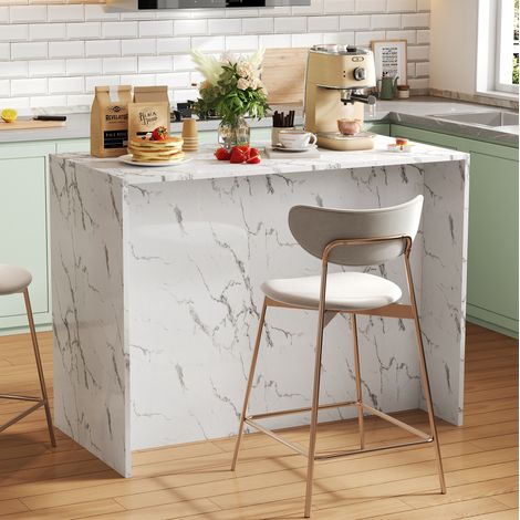 Isla de cocina 120x60x90,5 cm blanca efecto mármol con 3 cajones, 3 puertas y zona bar (1/5)