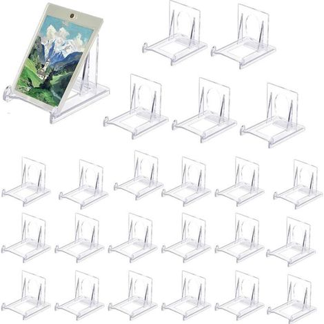 24 présentoirs transparents réglables, porte-assiettes en plastique, chevalets transparents, présentoirs de menus, supports publicitaires, assiettes et photos.