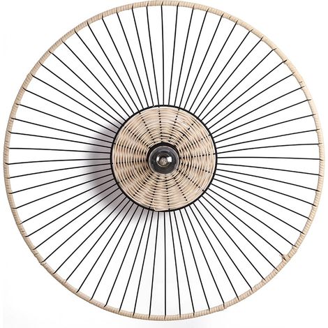 Applique murale Soliflore ronde, en métal noir et rotin naturel, style classique chic, diamètre 58 cm (1/5)