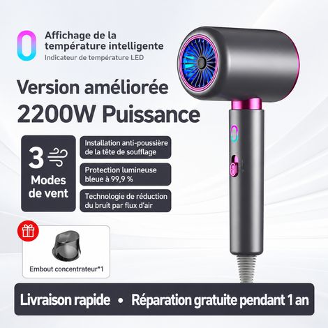 Sèche-cheveux ionique 2200W séchage rapide avec buse concentrateur Gris sidéral 2200w-3 réf 7159 540 g – Livraison gratuite