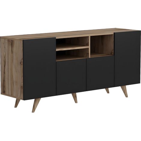 Vente-Unique – Buffet 4 portes 3 niches en panneau de particule mélaminé – Noir et naturel – Dimensions 160x75x42 cm – À poser au sol