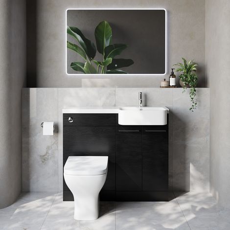 Napoli 250 Nero Oak 1000mm 2 Door Vanity Unit Toilet Suite with Right Hand Round Rico Semi Recessed Basin - 1000mm - Chrome 160mm HandleWith Kingston Toilet Pan and Seat