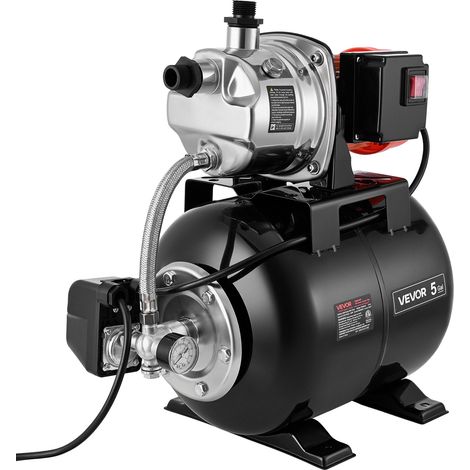 VEVOR Groupe de Surpression 735 W 19 L Pompe avec Reservoir de Pression pour Puits Peu Profonds Jardin et Pelouse, 3750 L/h, Tete de Pompe Acier Inox, avec Surpresseur Auto, Pressostat 1,4-2,8 bar (1/5)