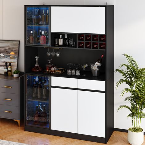 CHICFURN Vitrina alta 120x35x180 cm de MDF negro y blanco con LED y almacenaje (1/5)