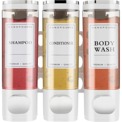 Distributeur de savon liquide mural (blanc) pour salle de bain, porte-savon à trois compartiments, support mural pour savon, shampoing, gel douche et liquide vaisselle. (1/5)
