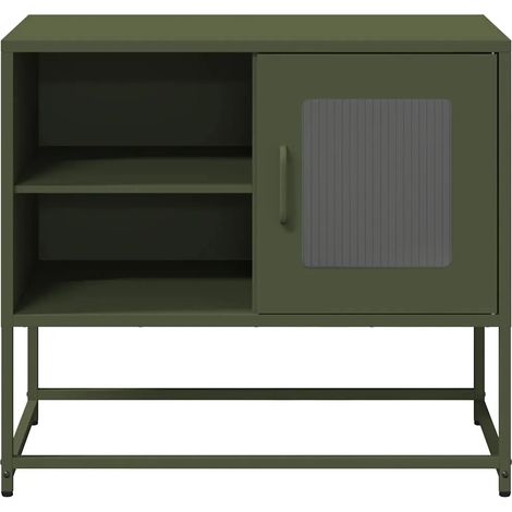 Meuble TV design moderne avec rangement salon 68 x 39 x 60 cm en acier vert olive (1/4)