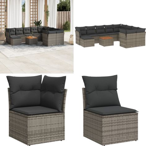 11-tlg. Garten-Sofagarnitur mit Kissen Grau Poly Rattan - Gartenmöbel Set - Lounge Möbel - Rattan Gartenmöbel - Outdoor Möbel - Esstisch Set - Home & Living (1/5)