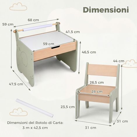 Children's wooden table and chair set, study, reversible blackboard, paper roll, multi-activity set, hidden container, drawing, painting, writing (1/5)