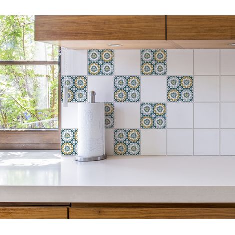 Sticker adhésif 15x15 cm, 4 pièces, motif rosace de fleur, Amantea carrelage multicolore pour homestaging - Décoration intérieure (1/2)
