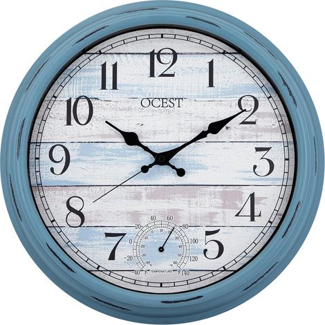 Grande horloge murale d'intérieur et d'extérieur de 40,6 cm, étanche avec thermomètre, résistante aux intempéries, sans tic-tac, horloge décorative à piles pour terrasse, piscine, porche (1/5)