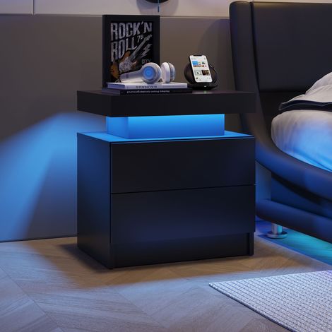Comodino a LED, armadietto luminoso moderno con 2 cassetti per camera da letto (nero) (1/5)