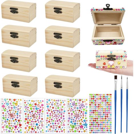 Coffre À Trésor en Bois non Fini, 10 Pièces Petit Coffre à Trésor en Bois, Mini Caisse au Trésor avec Couvercle, Coffre en Bois avec Couvercle, Avec Autocollants et Pinceau, pour Peindre et Bricoler (1/5)