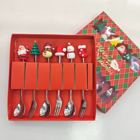 Coffret cadeau cuillère et fourchette en acier inoxydable avec figurines de Noël (figurines argentées, lot de 6, boîte rouge de Noël) (1/4)