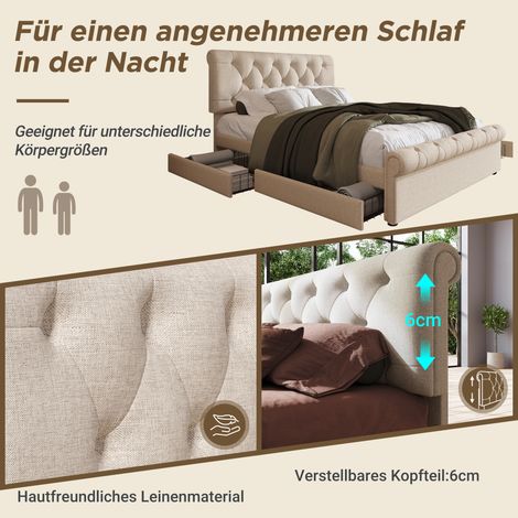 (=131498AAN) Lit double capitonné 140x200cm, cadre de lit avec 4 tiroirs et tête de lit réglable en hauteur, lit Chesterfield fonctionnel, naturel, avec matelas (1/5)
