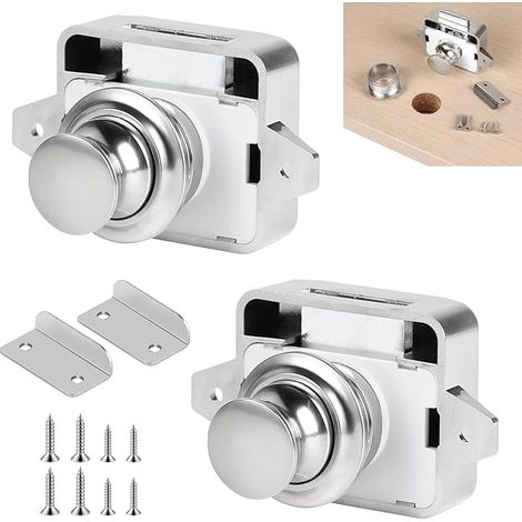Bouton poussoir serrure Camping serrure meuble push lock Serrure de porte meuble fermoir Sans clé verrou à bouton Poussoir verrou armoire pour porte de van, caravane, placard(Nickel) (1/5)