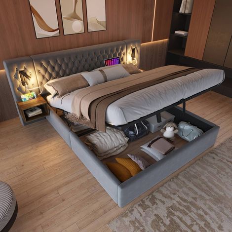 Lit coffre 160 x 200 cm gris en velours avec 2 chevets, tête de lit led et port usb (1/5)