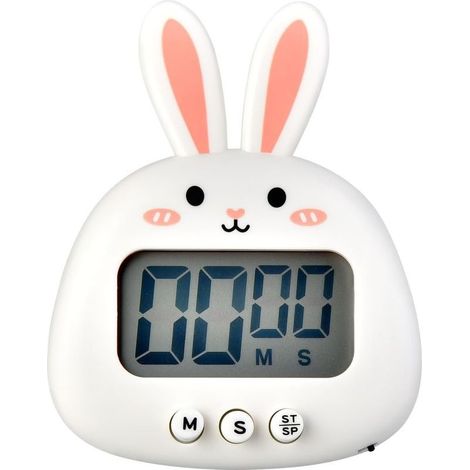 Joli minuteur de cuisine en forme de lapin - Grand écran - Numérique - Chronomètre magnétique avec horloge, compte à rebours - Mini minuterie de cuisson (sans batterie) - Blanc (1/3)