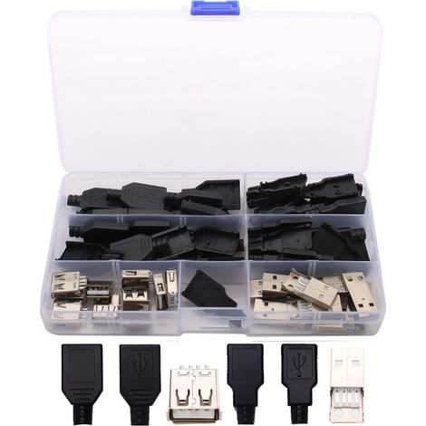 20 Stück lötbare USB-A-Stecker (männlich), USB 2.0-Stecker Typ A (4-polig, weiblich) mit Kunststoffabdeckung für DIY-Projekte – schwarz + silber (1/5)
