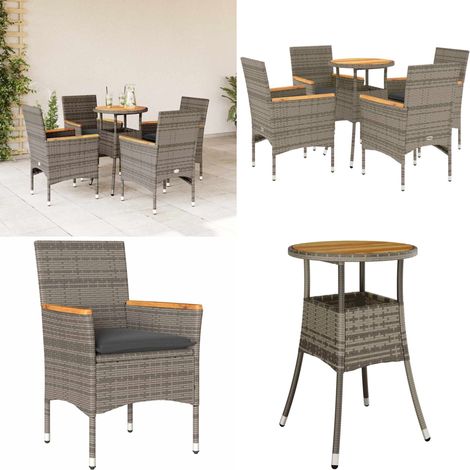 5-tlg. Garten-Essgruppe mit Kissen Grau Poly Rattan Akazie - Gartentisch - Gartenstuhl (1/5)