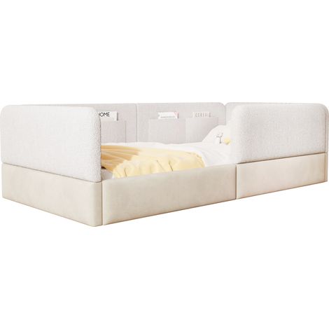 Lit plateforme rembourré 90 x 200 cm avec barrière de sécurité, blanc