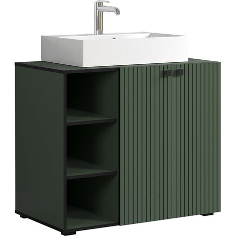 Meuble sous-lavabo - Vert - Aspect rainuré - 3 Compartiments Ouverts + 1 étagère + lavabo 60 cm - (l x H x P) 90 x 91 x 53 cm - Poignées métalliques élégantes (1/5)