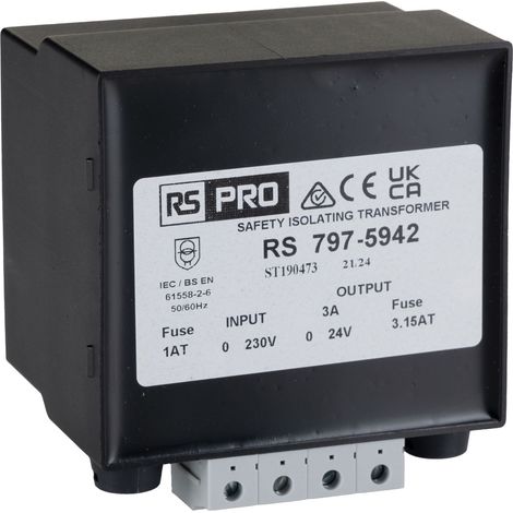 Transformateur rail DIN, Vin 230V c.a., Vout 24V c.a., 72VA, sorties ( Prix pour 1 )