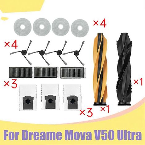 Komplettes Ersatzteilset für den Dreame Mova V50 Ultra Staubsauger: Hauptwalze, Seitenbürste, HEPA-Filter, Reinigungstuch und Staubbeutel. (1/5)