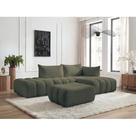 BOBOCHIC - Canapé d'angle fixe modulable AZRA tissu bouclette avec pouf Angle droit Vert (1/5)